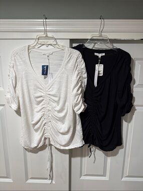 BUNDLE: Jane and Delancey Ruched V-Neck Drawstring Tops in White and Black